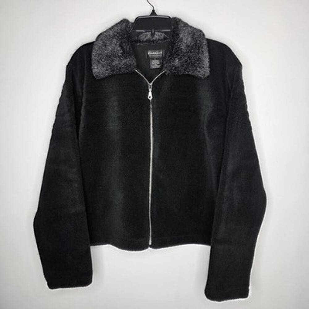Barrage Fleece Jacket Womens Large Faux Fur Collar Full Zip Black Soft Coat